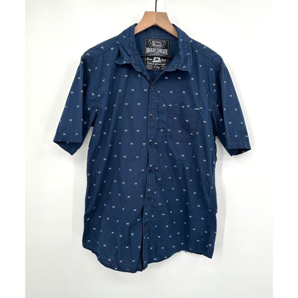 Broken Threads Button Up Shirt Men XL Navy Fish Bones Novelty Short Sleeve Pocke